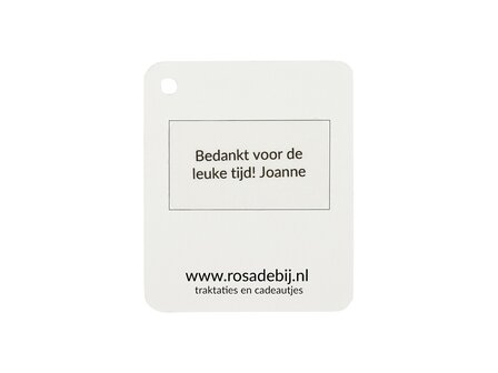 Achterkant label - bedankje zaden in linnenzakje met ruimte voor gepersonaliseerde tekst op een sticker.