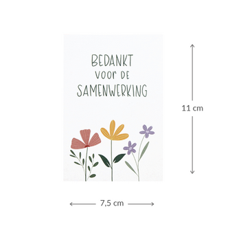 Maatgeving kaartje 75 x 110 mm met de tekst &lsquo;Bedankt voor de samenwerking&rsquo;