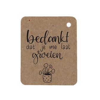 Kraftlabel 50 x 60 mm met boorgat met de tekst &#039;Bedankt dat je me laat groeien&#039;