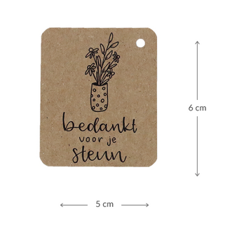 Voorkant kraftlabel 50 x 60 mm met boorgat met de tekst &#039;Bedankt voor de steun&#039; - Maatgeving