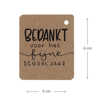 Kraftlabel 50 x 60 mm met boorgat met de tekst &#039;Bedankt voor het fijne schooljaar&#039; - Maatgeving