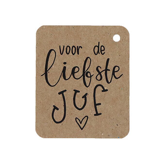 Kraftlabel 50 x 60 mm met boorgat met de tekst &#039;Voor de liefste juf&#039;