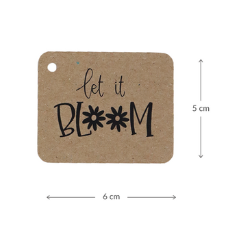 Kraftlabel 50 x 60 mm met boorgat met de tekst &#039;Let it bloom&#039; - Maatgeving