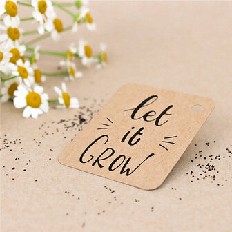 Sfeerfoto kraftlabel 50 x 60 mm met boorgat met de tekst &#039;Let it grow&#039;