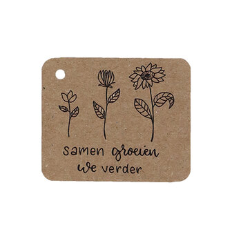 Kraftlabel 50 x 60 mm met boorgat met de tekst &#039;Samen groeien we verder&#039;