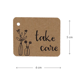 Kraftlabel 50 x 60 mm met boorgat met de tekst &#039;Take care&#039; - Maatgeving