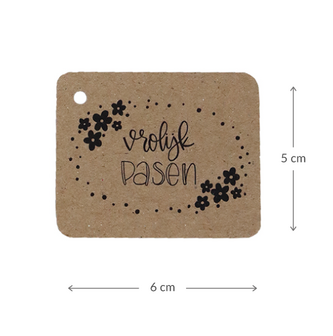 Kraftlabel 50 x 60 mm met boorgat met de tekst &#039;Vrolijk Pasen&#039; - Maatgeving