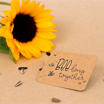 Sfeerfoto kraftlabel 50 x 60 mm met boorgat met de tekst &#039;We BEElong together&#039;