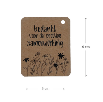 Kraftlabel 50 x 60 mm met boorgat met de tekst &#039;Bedankt voor de prettige samenwerking&#039; - Maatgeving