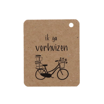 Voorkant kraftlabel 50 x 60 mm met boorgat met de tekst &#039;Ik ga verhuizen&#039;