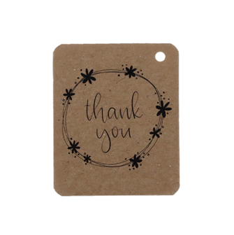 Voorkant kraftlabel 50 x 60 mm met boorgat met de tekst &#039;Thank you&#039;