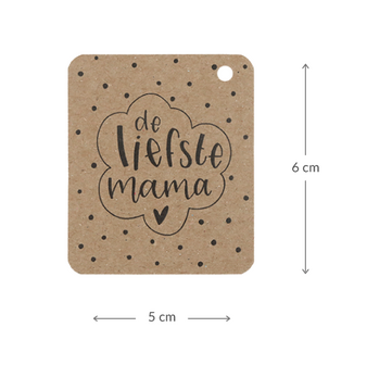 Kraftlabel 50 x 60 mm met boorgat met de tekst &#039;De liefste mama&#039; - Maatgeving