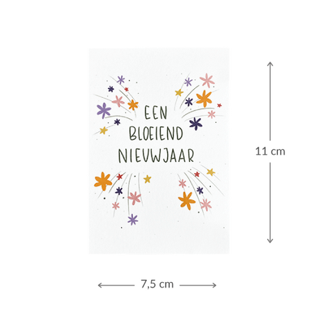 Maatgeving kaartje 75 x 110 mm met de tekst ‘Een bloeiend nieuwjaar’