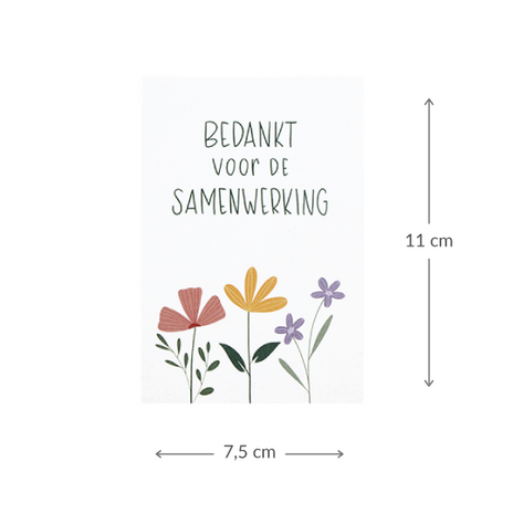 Maatgeving kaartje 75 x 110 mm met de tekst ‘Bedankt voor de samenwerking’