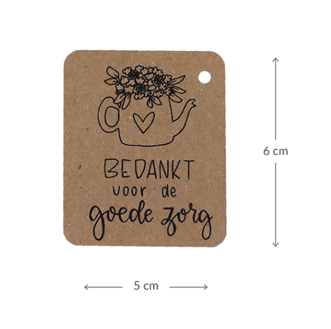 Kraftlabel 50 x 60 mm met boorgat met de tekst 'Bedankt voor de goede zorg' - Maatgeving