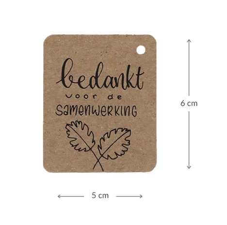 kraftlabel 50 x 60 mm met boorgat met de tekst 'Bedankt voor de samenwerking' - Maatgeving