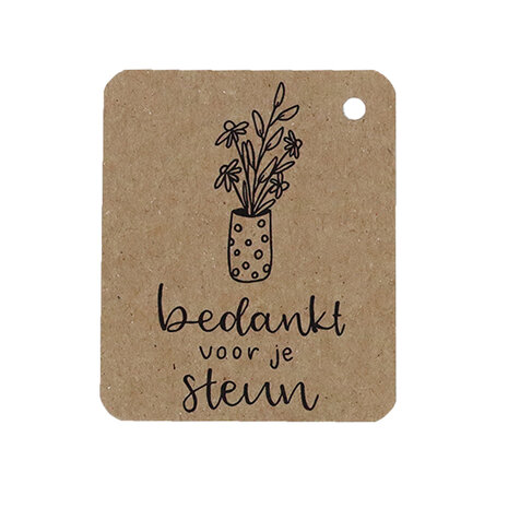 Voorkant kraftlabel 50 x 60 mm met boorgat met de tekst 'Bedankt voor de steun'