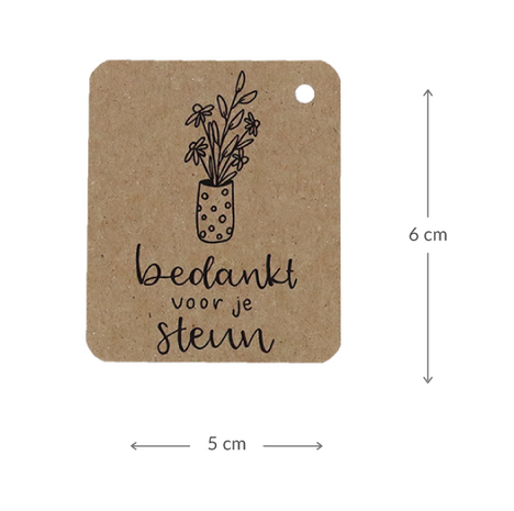 Voorkant kraftlabel 50 x 60 mm met boorgat met de tekst 'Bedankt voor de steun' - Maatgeving