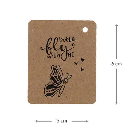 Kraftlabel 50 x 60 mm met boorgat en met de tekst 'Butterfly with me' - Maatgeving