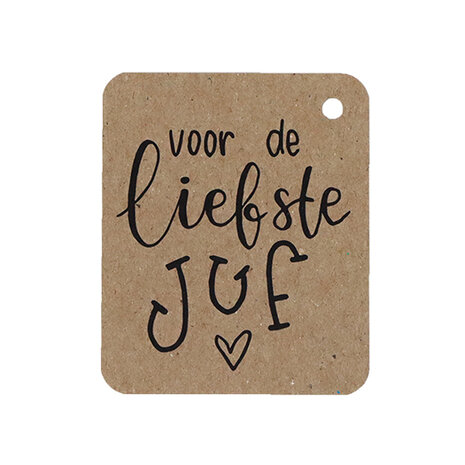 Kraftlabel 50 x 60 mm met boorgat met de tekst 'Voor de liefste juf'