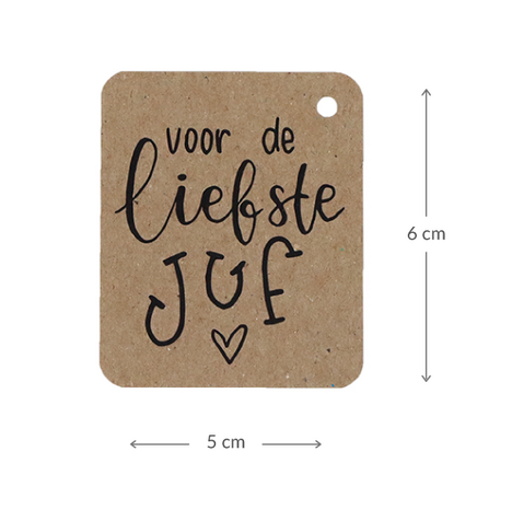 Kraftlabel 50 x 60 mm met boorgat met de tekst 'Voor de liefste juf' - Maatgeving