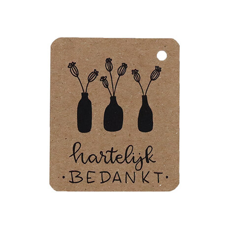 Kraftlabel 50 x 60 mm met boorgat met de tekst 'Hartelijk bedankt'