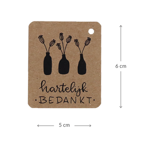 Kraftlabel 50 x 60 mm met boorgat met de tekst 'Hartelijk bedankt' - Maatgeving