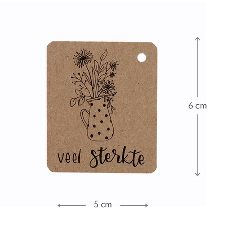 Kraftlabel 50 x 60 mm met boorgat met de tekst 'Veel sterkte' - Maatgeving