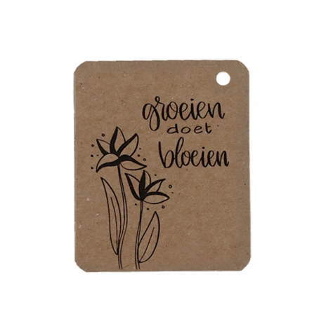 Voorkant kraftlabel 50 x 60 mm met boorgat met de tekst 'Groeien doet bloeien'