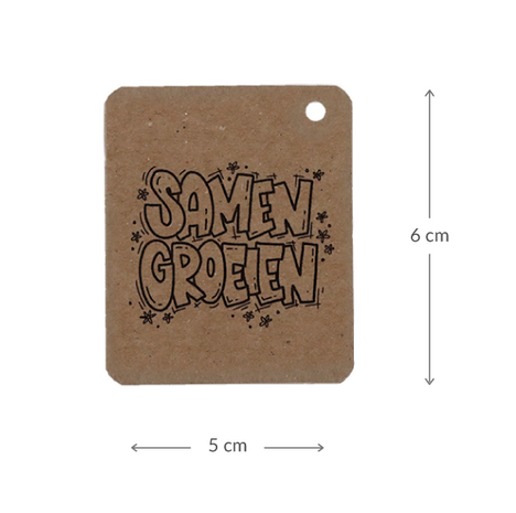 Kraftlabel 50 x 60 mm met boorgat met de tekst 'Samen groeien' - Maatgeving